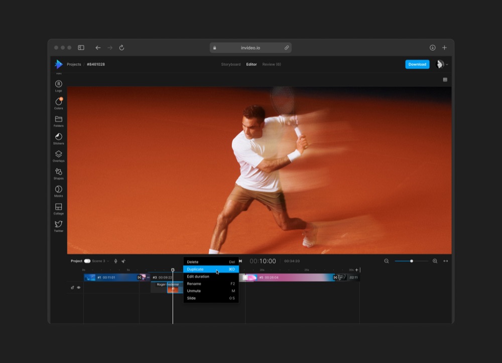 InVideo AI editor timeline with a tennis scene