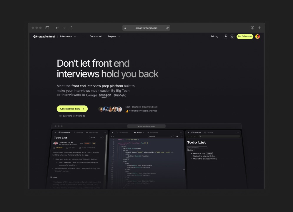 GreatFrontEnd interview prep landing page
