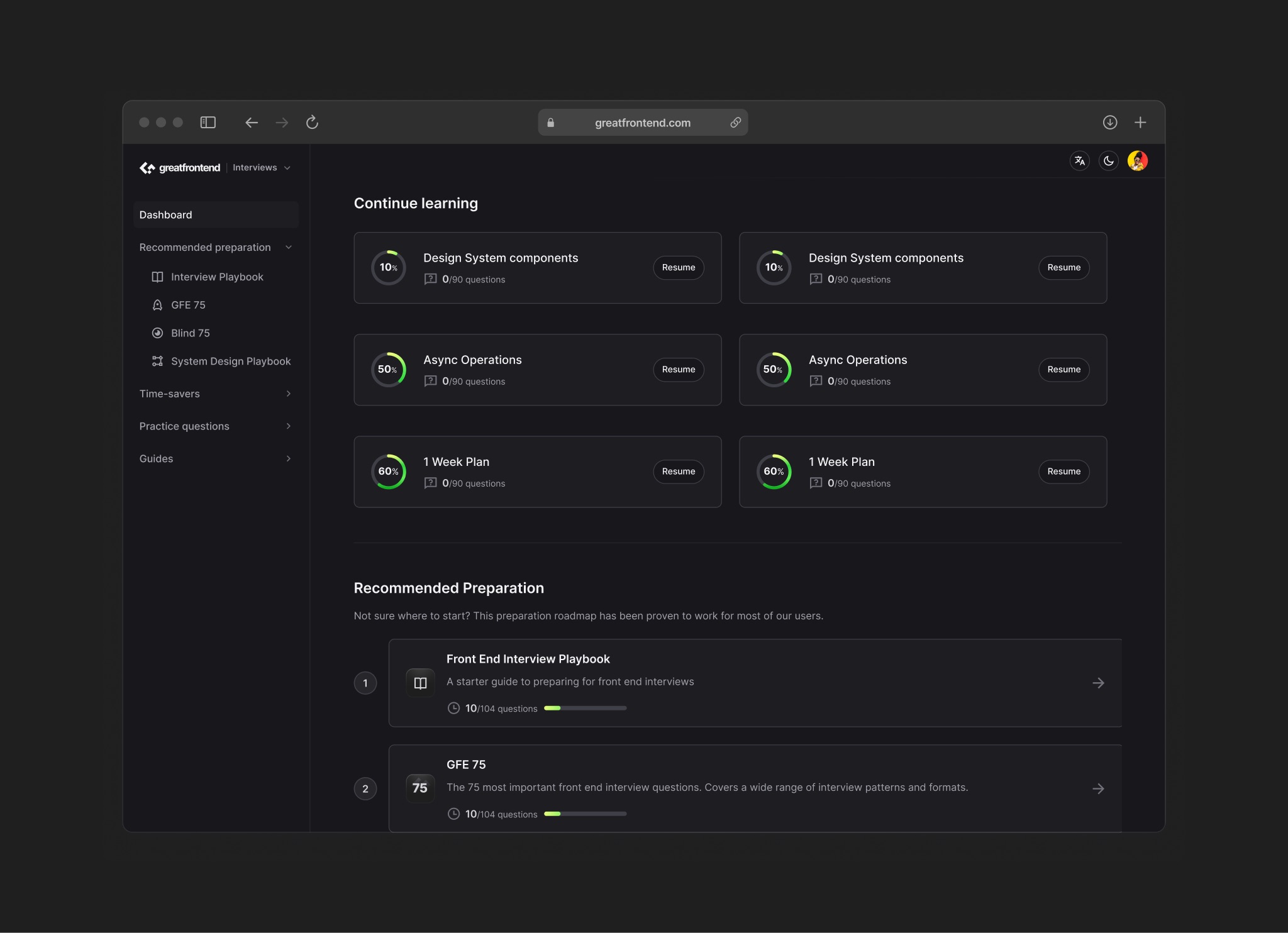 GreatFrontEnd next steps and where the user left off