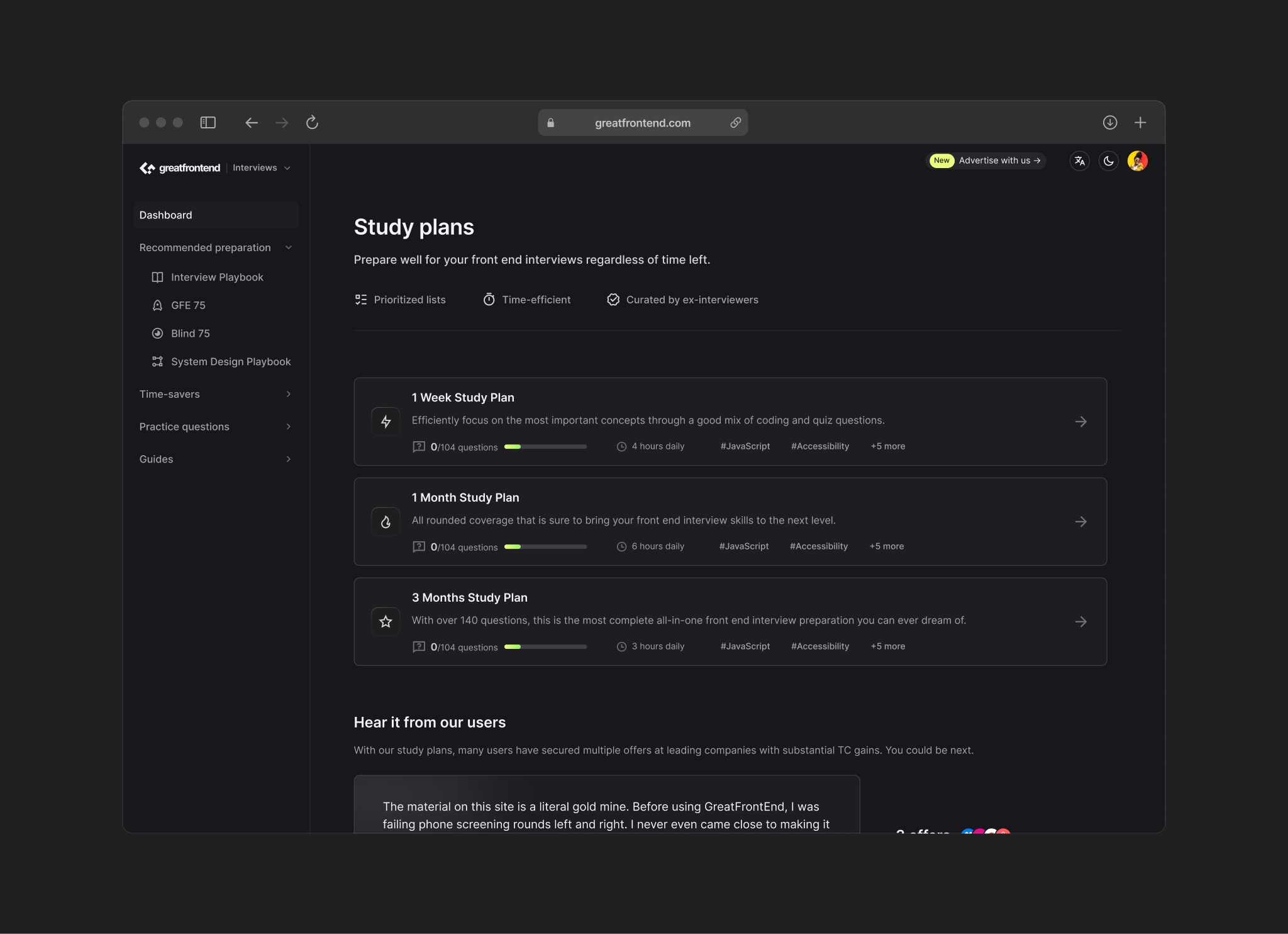 GreatFrontEnd time-bound interview preparation plan