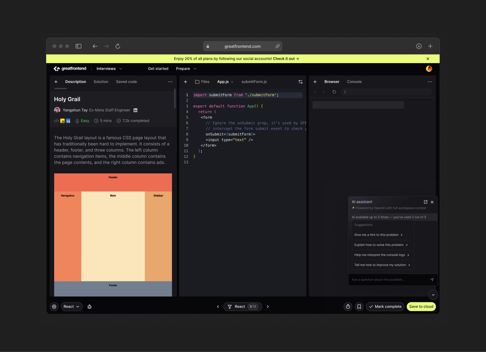 GreatFrontEnd coding workspace with AI assistant